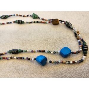 Vintage Long Stone Necklace Colorful Teal Magnet Double Strand